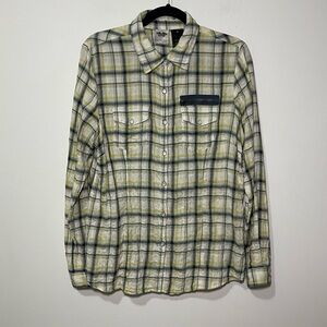 Harley Davidson women's yellow plaid seersucker pearl snaps long sleeve in M